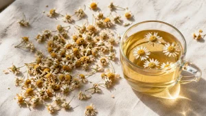 Whole dried chamomile flowers on linen cloth beside a pale golden cup of brewed chamomile tea in natural light