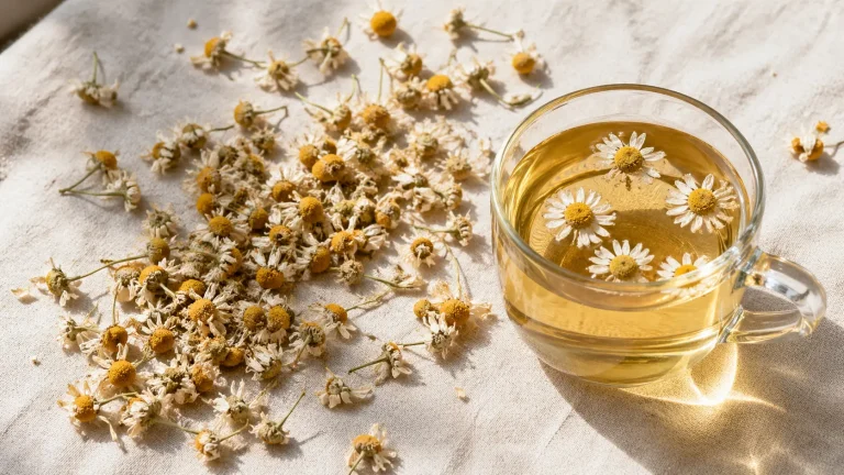 Whole dried chamomile flowers on linen cloth beside a pale golden cup of brewed chamomile tea in natural light