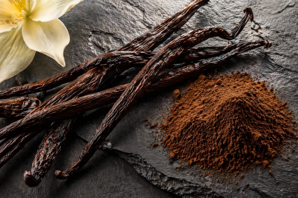 Whole vanilla beans and vanilla powder on dark slate for wholesale sourcing