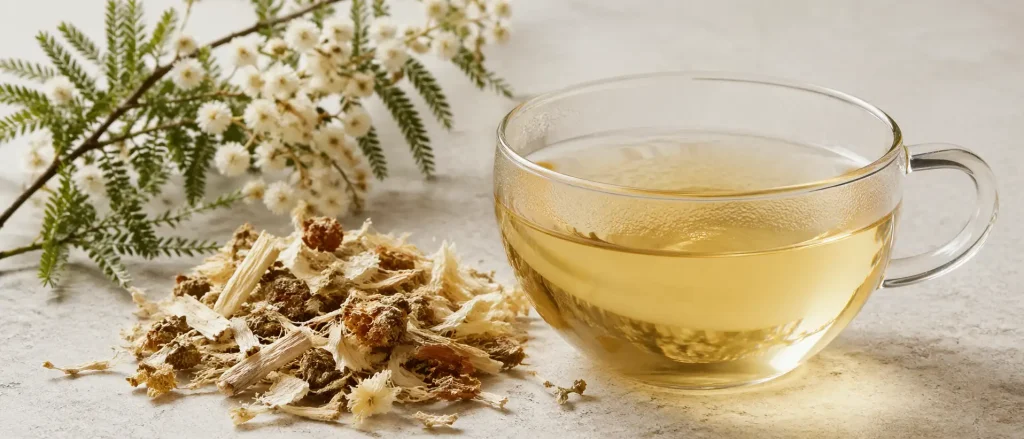 organic acacia tea infusion with acacia pieces in minimal herbal styling