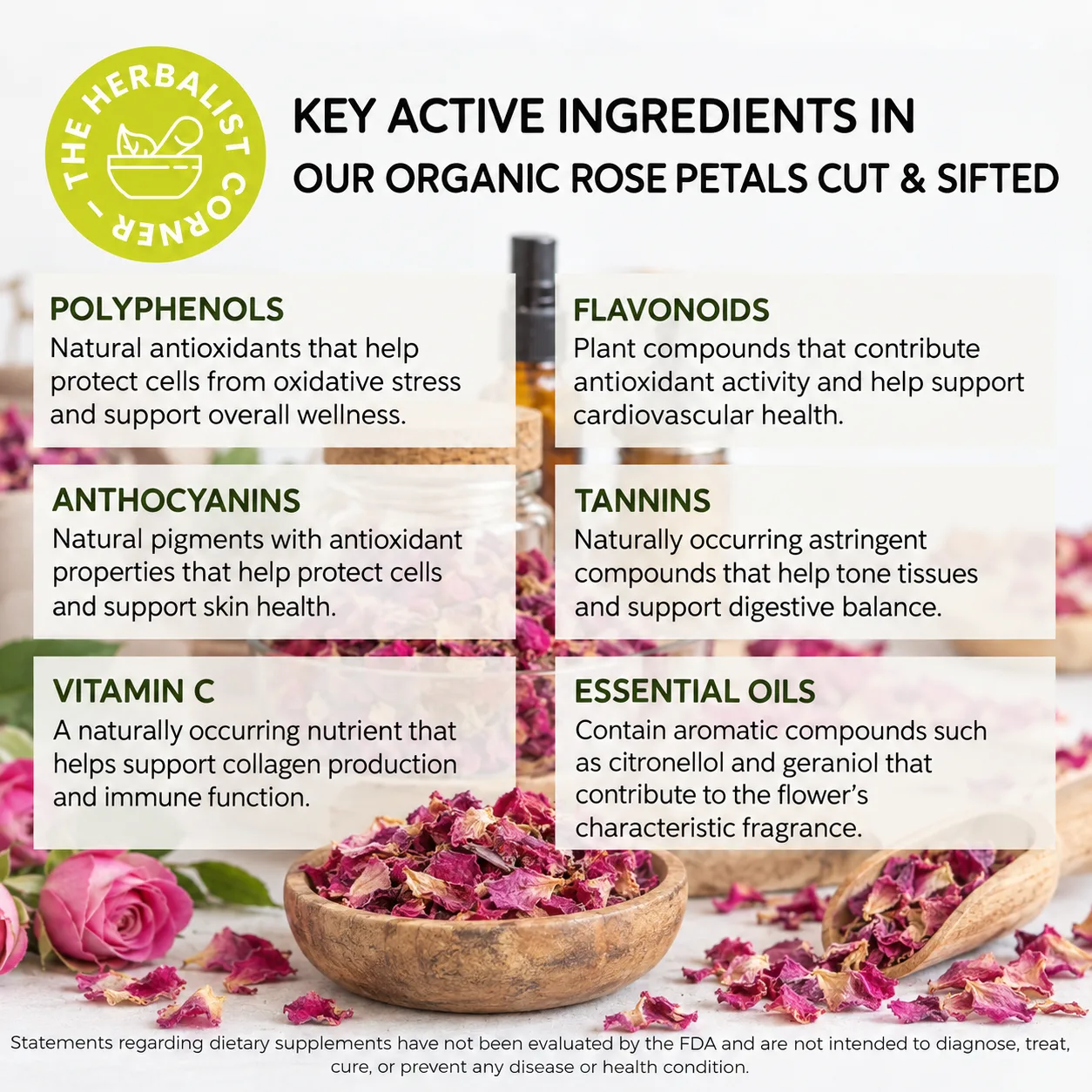rose petals cut & sifted key ingredients